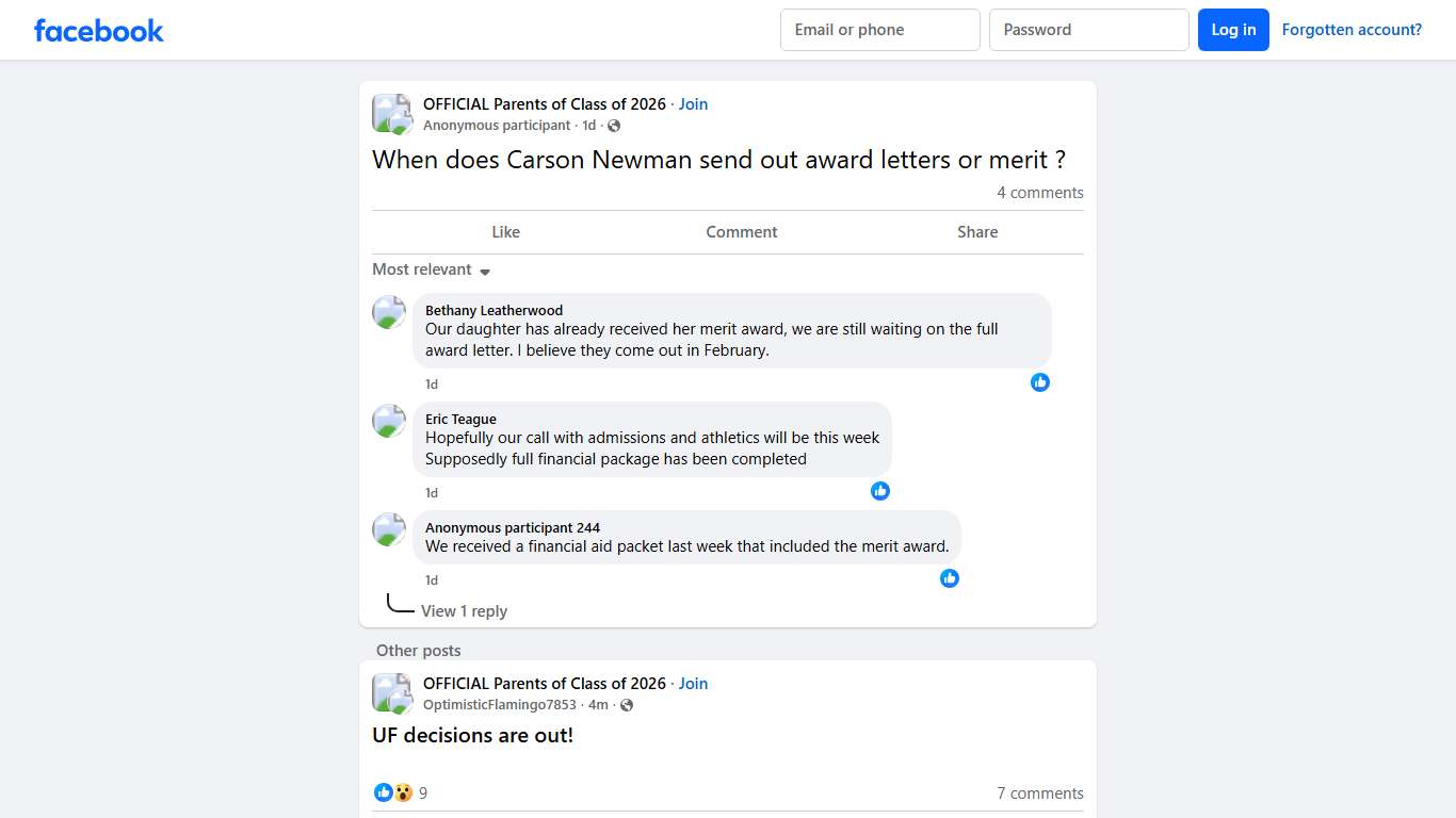 OFFICIAL Parents of Class of 2026 When does Carson Newman send out award letters or merit Facebook